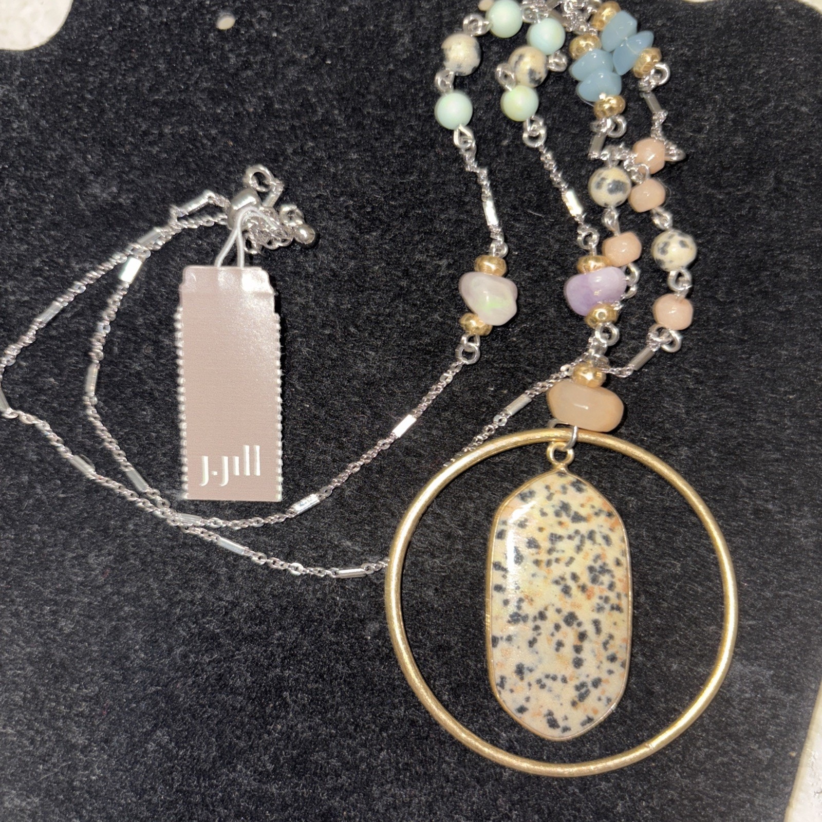 New J. Jill Gold Tone Dalmatian Stone Pendant Long Silver Necklace $49.00 Retail